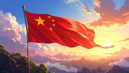Chinese flag waving atop a hill, with mountains and a bright sunrise in the background