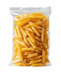 Penne pasta fills a clear, zipped plastic bag on a white background