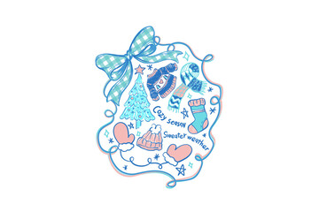 Cozy Winter doodle set with Blue Bow illustration Sublimation Design