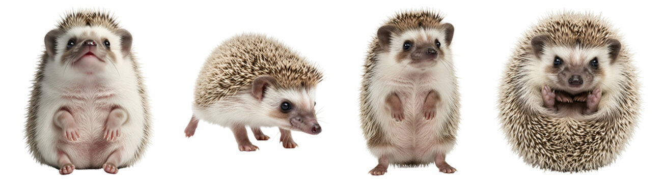 Four hedgehogs in different poses against a plain backdrop in a studio setting, isolated view on transparent background