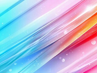 A vibrant abstract background featuring diagonal stripes in a gradient of blue, pink, orange, and red, with subtle glitter and floating bubbles.