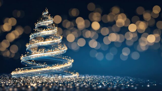Abstract Spiral Christmas Tree Formed by Glowing Light Trails with Golden Bokeh Background and Sparking Glittering Floor