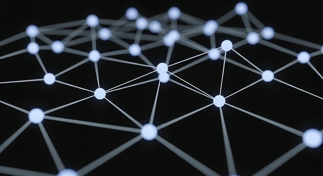 Abstract network of glowing nodes connected by lines on a dark background.