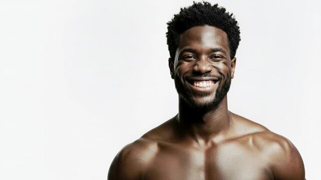 African american man with a strong build smiles brightly while posing in a well-lit studio. Four frames capture his charisma and confident presence, highlighting his joyful expression and physique