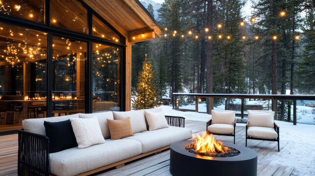 Cozy outdoor seating with fire pit on snowy deck illuminated by string lights and forest - Powered by Adobe