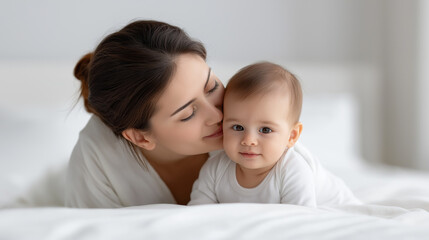 Mother kissing happy baby on bed, expressing love, affection, tender care, and family bond during motherhood and parenthood moments at home