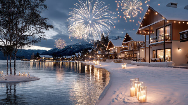 Snowy lakeside village with fireworks reflecting on water, cozy lights and candles