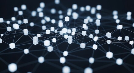 Abstract network of glowing white nodes connected by thin lines against a dark background, representing data or connections.