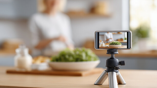 Young woman creating online content, recording a healthy cooking video in her kitchen with a smartphone on a tripod, demonstrating a recipe for a fresh green salad with copy space