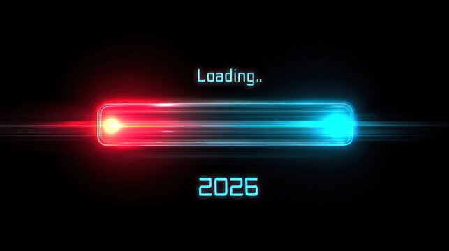 Futuristic progress bar with the text "Loading..." showing progress between the years 2026, illuminated by a glowing finger touch