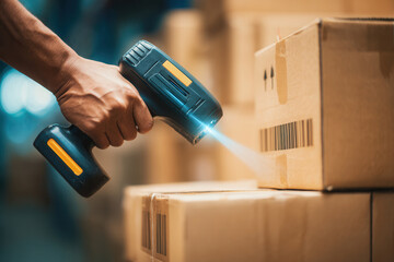 Worker scanning barcodes on boxes in a warehouse during daytime hours for inventory management