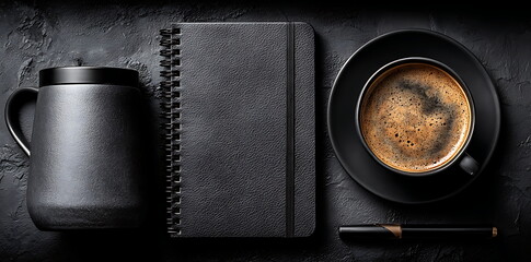 black leather background with a laptop, notebook, and coffee cup on the right side. top view of an office desk table with copy space for text or design. black color background.