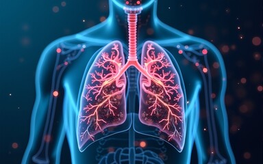 futuristic medical research or lungs health care with diagnosis and vitals biometrics for clinical hospital asthma and respiratory cancer and disease tests services as wide banner with copy