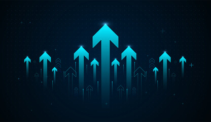A digital background featuring glowing blue arrows rising upward, symbolizing technology growth, innovation, and increasing performance. Perfect for business, finance with glowing blue upward arrow © Paradox-D