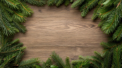 Green pine branches frame wooden background with cozy natural texture and festive mood