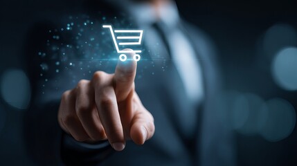 Tap into E-Commerce Growth with a Modern Shopping Cart Icon on Touchscreen, Perfect for Online Retail and Digital Marketing Campaigns, Driving Sales