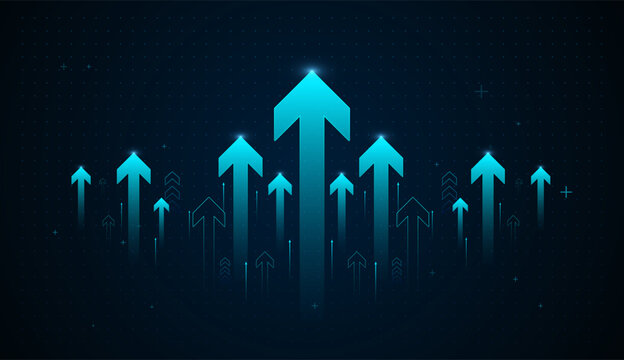 A digital background featuring glowing blue arrows rising upward, symbolizing technology growth, innovation, and increasing performance. Perfect for business, finance with glowing blue upward arrow