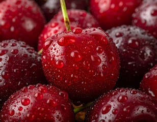 Close-up of fresh, ripe cherries covered in water droplets