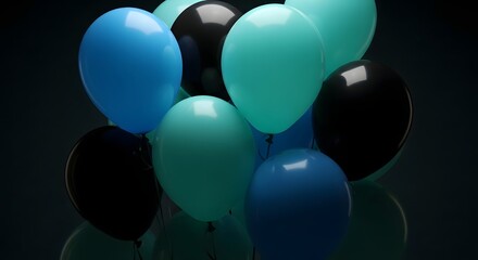 Cluster of blue teal and black balloons on dark background party celebration