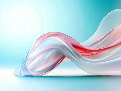 An abstract, flowing wave of translucent material with soft pink, red, and white hues, set against a gradient of light blue. The composition is smooth and elega