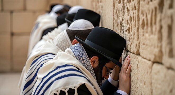 Group of Jewish men wearing traditional prayer shawls and hats, engaged in prayer at a historic wall, creating a serene atmosphere of devotion and spirituality