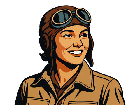 cheerful female pilot in a vintage-style aviation uniform and goggles, symbolizing aviation and empowerment. Generative ai vector colorful pop art illustration.