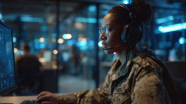 Military personnel engaged in cyber operations at a high-tech command center during evening hours
