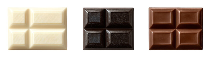 Three chocolate squares, white, dark, and milk, lined up