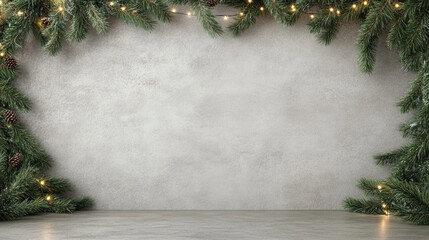 Festive pine garland evergreen texture with soft lights and pinecone accents creating cozy