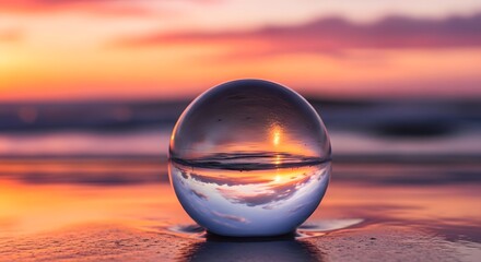 Crystal ball on wet sand reflecting colorful sunset sky and ocean glass sphere beach