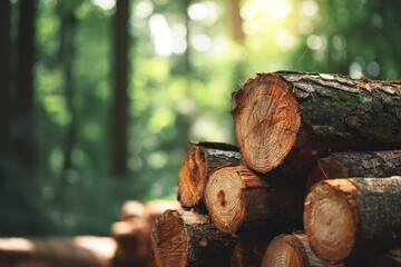 Rustic log pile in a green forest setting with earthy tones
