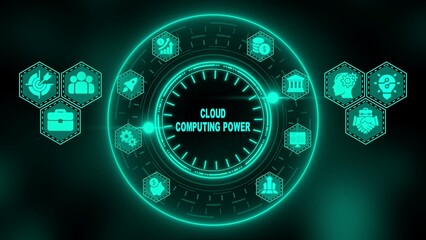 Digital cloud computing power concept with glowing neon icons and central hub technology data