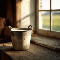 Rustic metal milk bucket on weathered wood in warm farm light