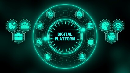 Digital Platform concept with glowing teal circular diagram and hexagonal icons on dark background image