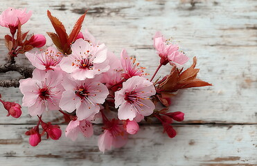 white wooden background with a border of pink cherry blossoms. this spring template is suitable for design, greeting cards, or banners.