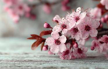 white wooden background with a border of pink cherry blossoms. this spring template is suitable for design, greeting cards, or banners.