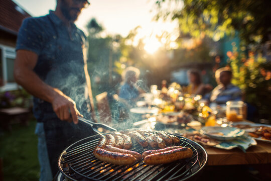Grilling sausages at a backyard gathering during a sunny evening with friends and family enjoying the outdoor atmosphere