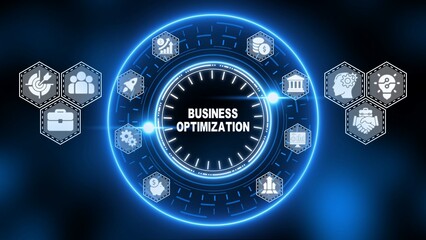 Futuristic Business Optimization Concept with Hexagonal Icons and Glowing Blue Circle strategy efficiency