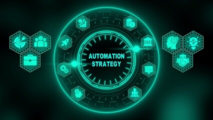 Futuristic Neon Automation Strategy Diagram with Hexagonal Icons business technology