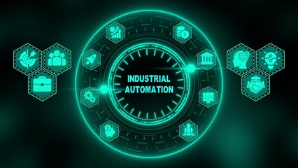 Industrial Automation Concept with Digital Icons and Glowing Teal Circle on Dark Background technology