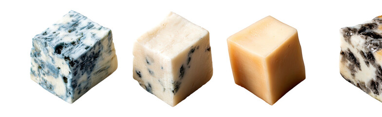 Cubed cheeses, from blue marbled to solid, contrast on black