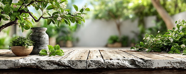 white wooden tabletop with blurred green leaves and a natural background for product display montage, a summer concept.