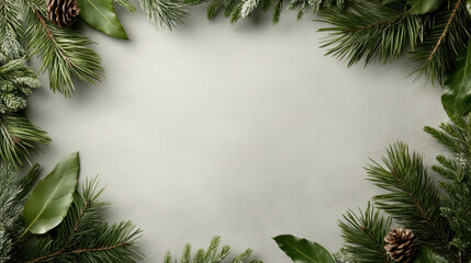 Fresh pine greenery pinecone evergreen branches laurel leaf soft green background inviting