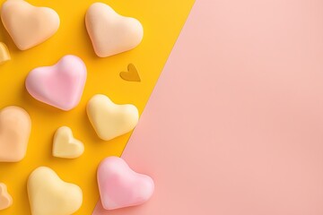 Colorful heart-shaped candies in soft shades of pink and yellow are scattered on a mustard and blush background. This arrangement adds a cheerful touch to any setting, evoking mid-century style