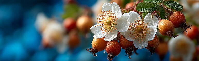 beautiful white rose hips flowers against a blue sky background, with copy space available. this serves as a spring floral nature wallpaper.