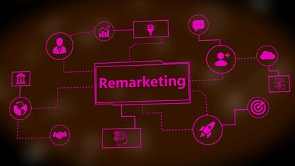 Remarketing flowchart with pink icons and connections on a dark brown textured background business strategy