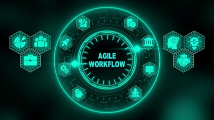 Teal agile workflow concept with icons representing business processes and strategy on a dark background