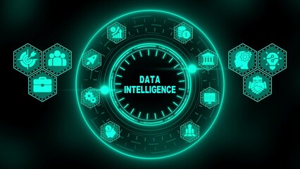 Teal glowing data intelligence concept with neon icons and central hub on dark background information