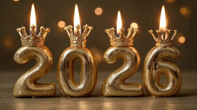 Gold metallic number candles with crowns symbolizing 2026, each with a burning flame