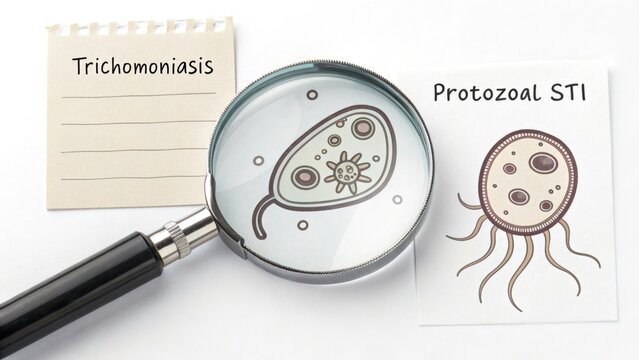 Illustration of Trichomoniasis Parasite Under a Magnifying Glass